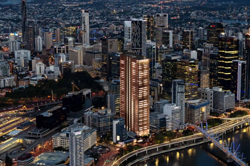 Une image conceptuelle d'une grande tour de bureaux dans le CBD de Brisbane