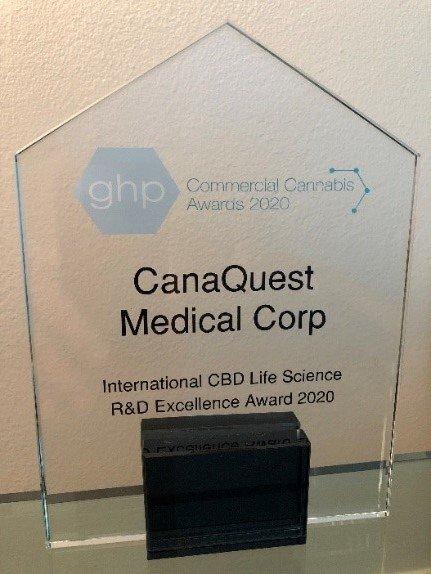CanaQuest Medical Corp récompensé par le prix international d’excellence en recherche et développement en sciences de la vie CBD 2020 décerné par Global Health & Pharma