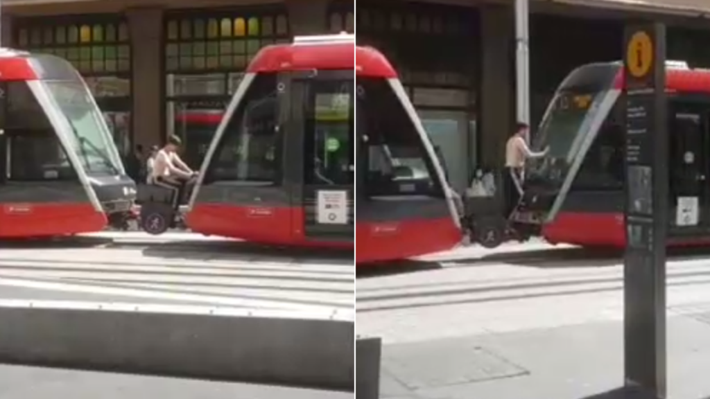 Un homme critiqué pour avoir «  surfé sur un tramway  » sur un train léger dans le quartier central des affaires de Sydney