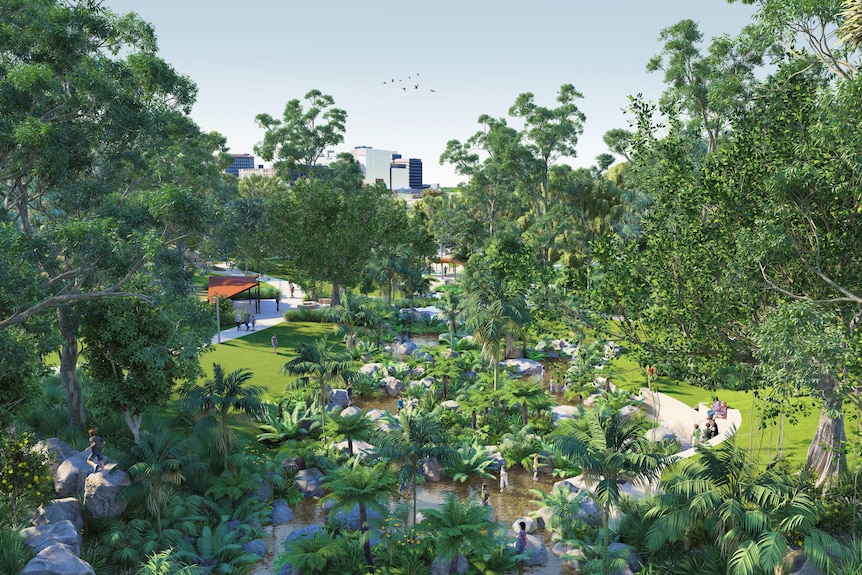 Planifiez un parc du centre-ville montrant des arbres, des sentiers et des zones herbeuses avec des gens.