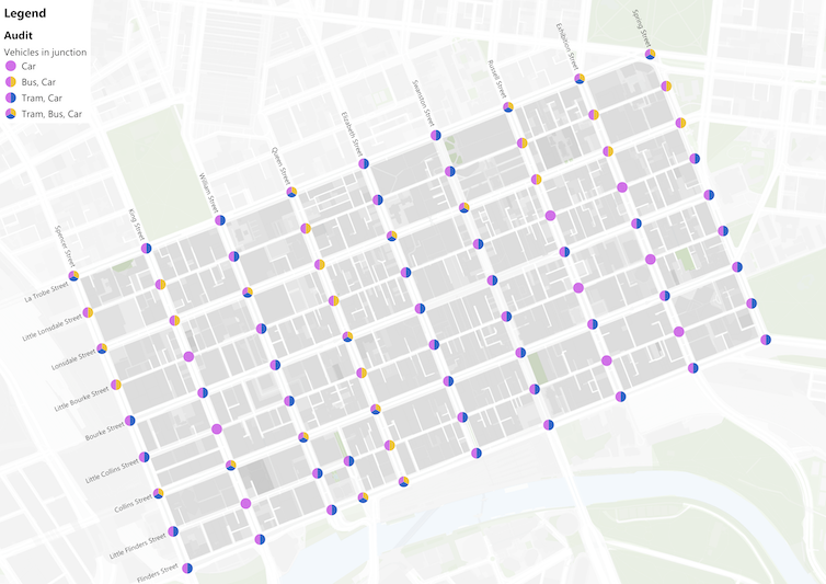 Carte des carrefours, les voitures dominent aux côtés des tramways et des bus