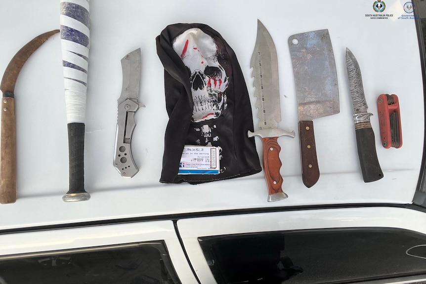 Un certain nombre d'armes, y compris des couteaux disposés sur le dessus d'une voiture blanche