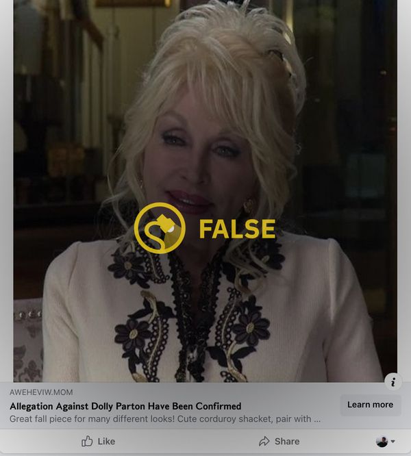 Les publicités Facebook ont ​​faussement affirmé que les allégations contre Dolly Parton avaient été confirmées.